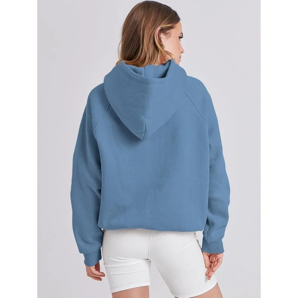Women Deep Blue Hoodies Oversized Fleece Long Sleeve Comfy Casual Sweatshirts - Picture 4 of 9